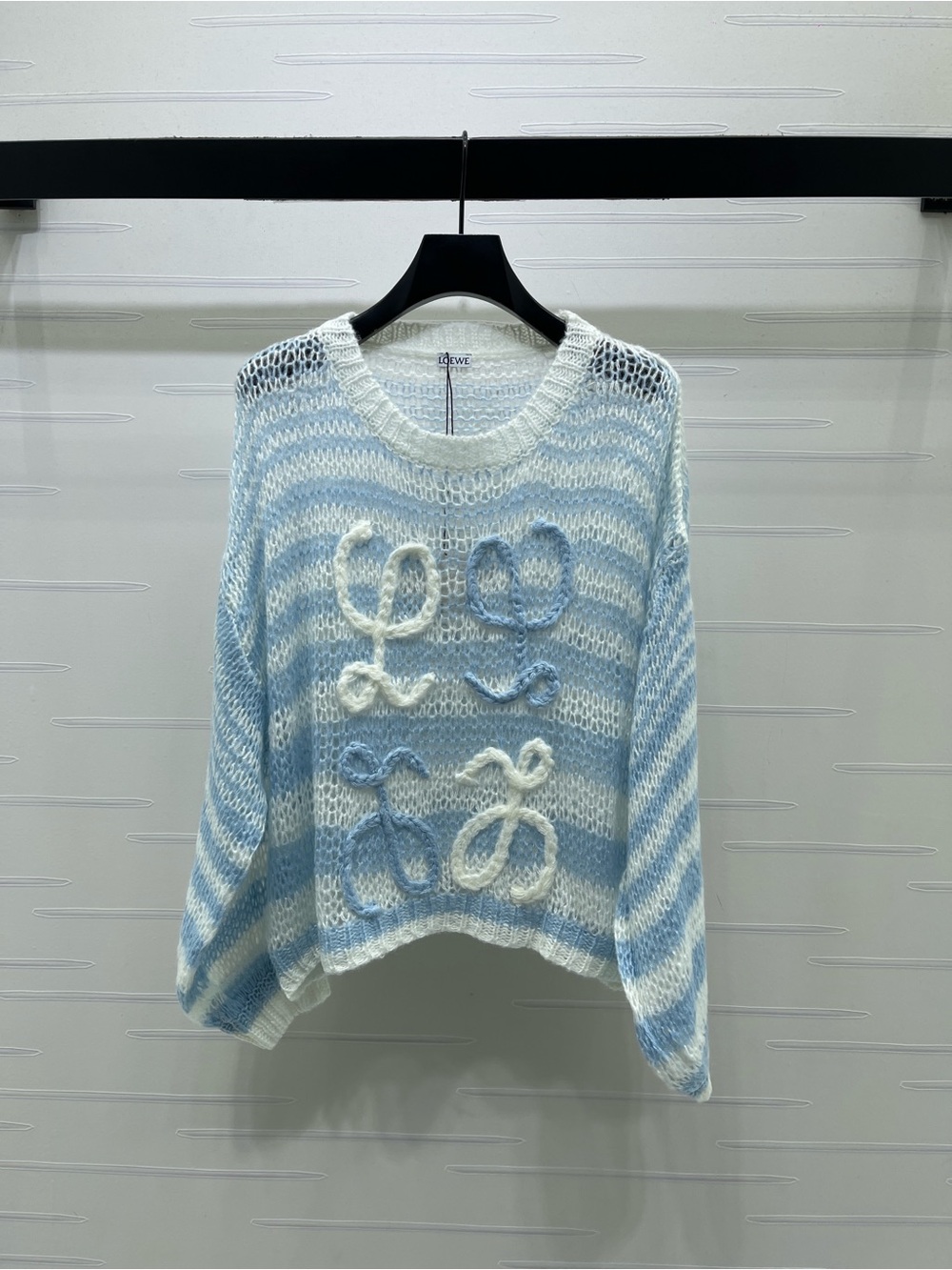Loewe Light Blue and White Striped Open-Knit Crewneck Sweater
